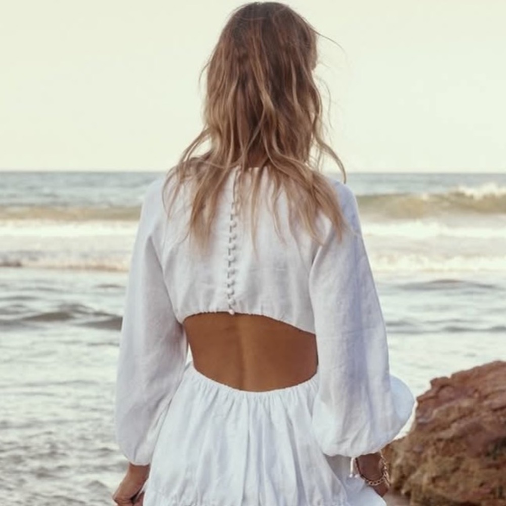 Dissh 100% Linen White Long Sleeve Open Back Dress White Size AU 10 US 6